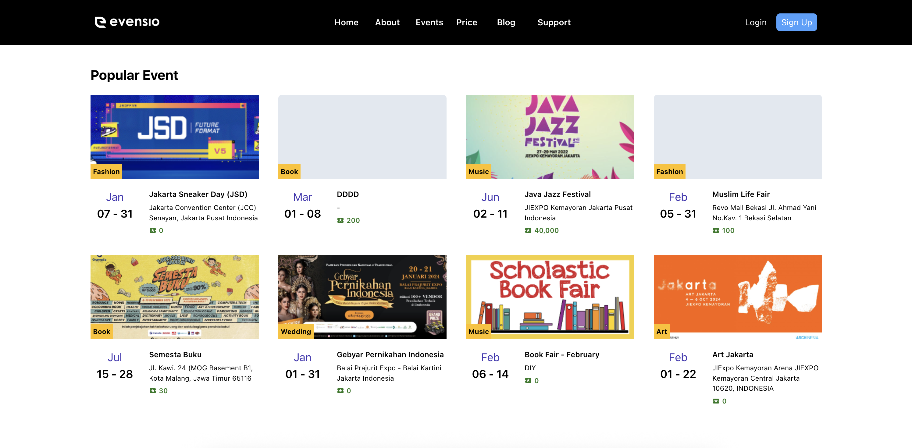 Evensio event ticketing platform showing upcoming events
