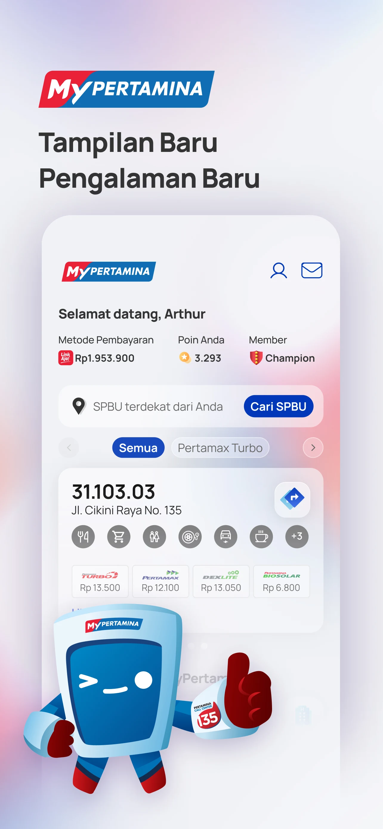 MyPertamina app home screen with mascot and fuel prices